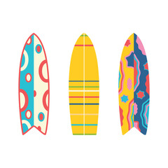 Surfboards. Beach set for summer trips. Vacation accessories for sea vacations.