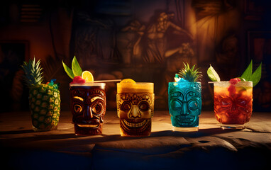 Tiki cocktails with dark bar table background