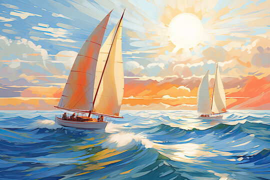 oil painting of Sailboats on sunny ocean