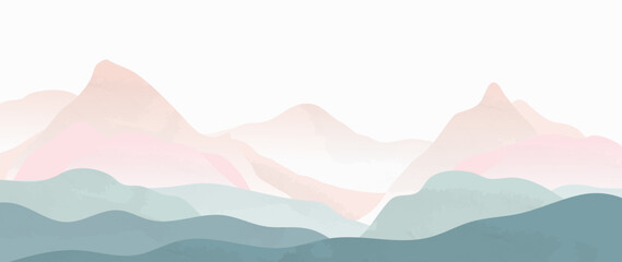 Minimal vector abstract landscape with texture. Mountain background with watercolor texture in pink and blue tones. Vector design for prints, posters, covers, wall art and home decoration.