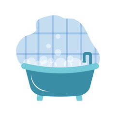 Colored bathtub in the bathroom. Vintage bathtub and foam soap bubbles on blue tile background
