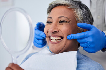 Senior woman, teeth and smile for dentist in dental care, appointment or checkup at the clinic. Happy elderly female person smile for tooth whitening, cleaning or oral, mouth and gum care at hospital