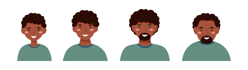 Avatars of black man in different ages - from boy till elderly person in flat style. Portraits of african men.	
