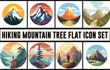 Hiking mountain tree icon vector set, Hiking background vector, Hiking flat Illustration, mountain illustration