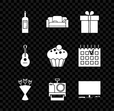 Set Bottle of wine, Sofa, Gift box, Bouquet flowers, Photo camera, Video game console, Guitar and Muffin icon. Vector