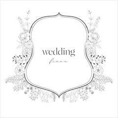 Wedding Crest with Flowers. Line Art Illustration.
