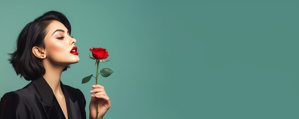 Beautiful young woman with red lips holding a red rose banner