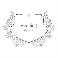 Wedding Crest with Flowers. Line Art Illustration. - 622297282