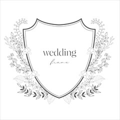 Wedding Crest with Flowers. Line Art Illustration.
