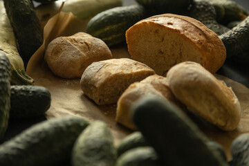 Closeup of home baked bread and vegetables - 622297496