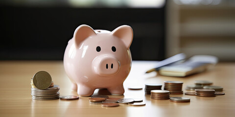 Piggy bank with coins on the table. Generative AI