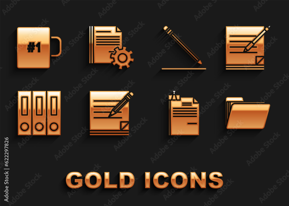 Poster set blank notebook and pencil with eraser, document folder, file document binder clip, office folder