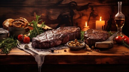 Close up of a Piece of Raw Meat with Vegetables and Rosemarine on a Wooden Surface and some Candles as a Background. Generative AI.