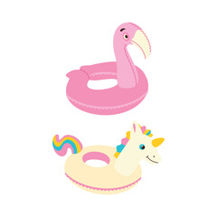 Inflatable circle in the shape of a flamingo and unicorn. Beach set for summer trips. Vacation accessories for sea vacations.