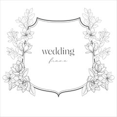 Wedding Crest with Flowers. Line Art Illustration.