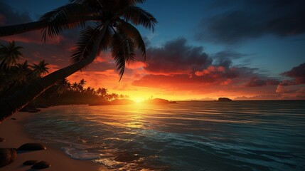 Insane Shot during the Sunset of the Beach and the Sea with a Palm. Generative AI.