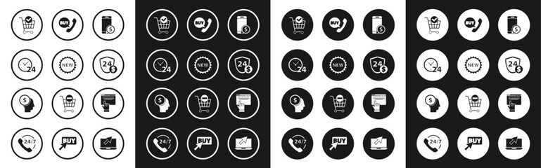 Set Smartphone with dollar, Price tag New, Clock 24 hours, Shopping cart check mark, Shield, Phone and speech bubble Buy, Online shopping screen and Business man planning mind icon. Vector