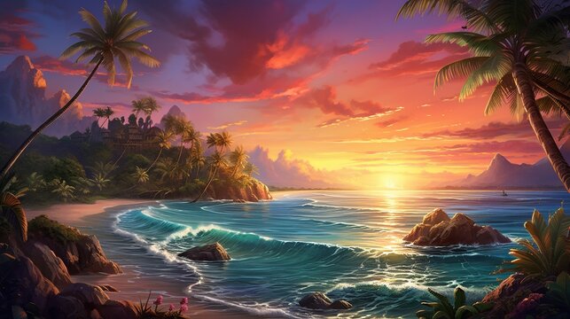 Fantastic Tropical Beach with a lot of Vegetation and Palms with an Incredible Blue Water during the Sunrise. Oil Painting, Cartoon Style. Generative AI.