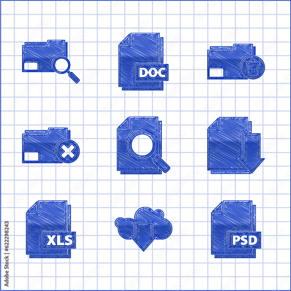 Poster set document with search, cloud download, psd file document, xls, delete folder, and search concept 