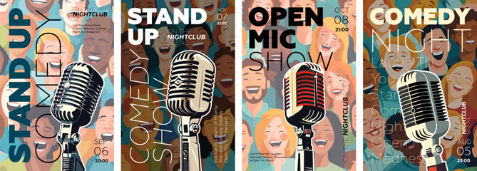 Stand up comedy show poster set. Open mic night funny event flyer or placard template collection. Drawing artworks retro microphone with laughing people. Typography banner design. Vector illustration