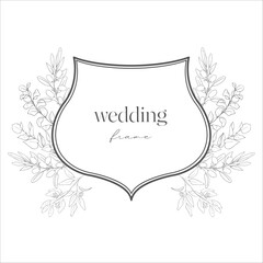 Wedding Crest with Flowers. Line Art Illustration.