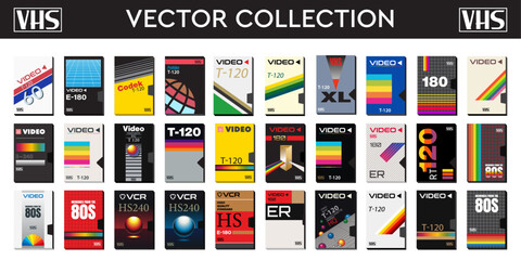 VHS vector collection. Pack of abstract covers from 70s, 80s and 90s. Vintage set of isolated graphics. Retro designs for posters, textiles  and apparel. Analog technology. 