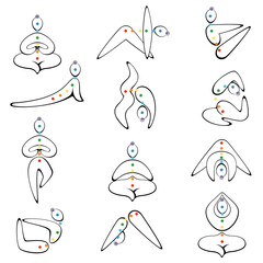 Contours of a man in yoga poses with chakra colors on a white background. Trendy idea design for poster, banner