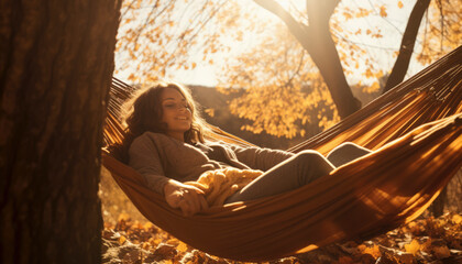 Fashion woman dressed in autumn colors in the forest at fall season. Generative AI illustrations