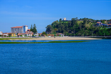 Panoramic view, vacation on Costa Verde, Green coast of Asturias, Ribadesella village with sandy beaches, North of Spain