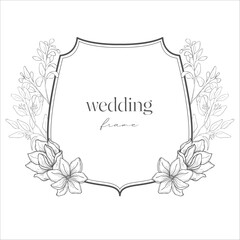 Wedding Crest with Flowers. Line Art Illustration.