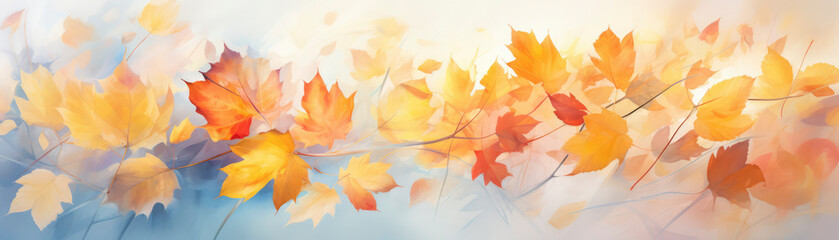 Naklejka na ściany i meble Colorful autumn scene in the forest with maple leaves in the fall. Generative AI illustrations