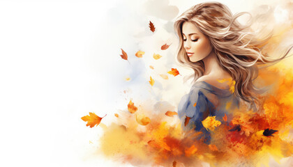Fashion woman dressed in autumn colors in the forest at fall season. Generative AI illustrations