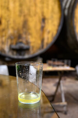 Tasting of traditional natural Asturian cider made from fermented apples in barrels for several months should be poured from great height, allowing lots of air bubbles into the drink.