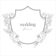 Wedding Crest with Flowers. Line Art Illustration. - 622299058