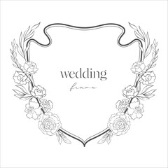 Wedding Crest with Flowers. Line Art Illustration. - 622299268