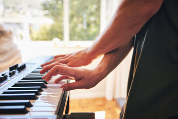 Hands, man and piano keyboard for talent, skills and creativity of band in home studio. Closeup,...