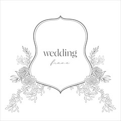 Wedding Crest with Flowers. Line Art Illustration. - 622299670