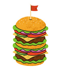 fast food double burger, cartoon icons set, simple flat style, street high calorie food illustration.
