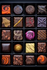 Chocolate boxes in colorful designs with many different kinds of dark chocolate Illustration AI...