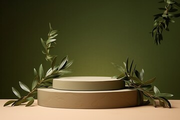 Empty podium with olive leaves. Illustration AI Generative.