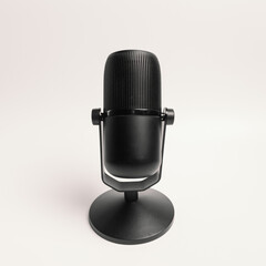 A close - up of the condenser microphone in black on a white background and equipped with a keyboard, mouse and earphones for YouTubers and vloggers.
