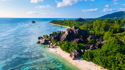 Anse Source d'Argent beach, La Digue Island, Seyshelles, Drone aerial view of La Digue Seychelles...