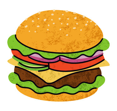 fast food, burger cartoon icons set, simple flat style, street high calorie food illustration.