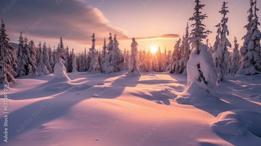 Wall mural Winter nature landscape shot at sunset with many fluffy snow Generative AI 1 - Wall murals