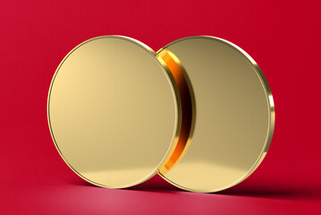 Two Gleaming Round Gold Coins with Empty Surfaces and Captivating Reflections on Red Background