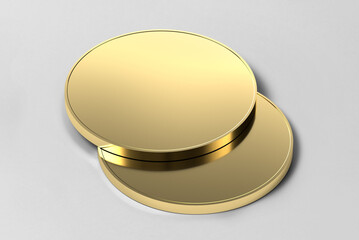 Two Gleaming Round Gold Coins with Empty Surfaces and Captivating Reflections on White Background