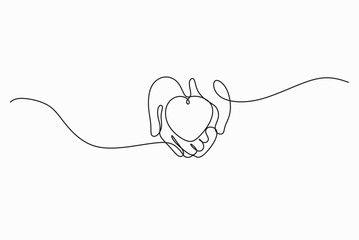 Hands with heart continuour line drawing art vector. Minimalist support help donations cardiology relationship logo