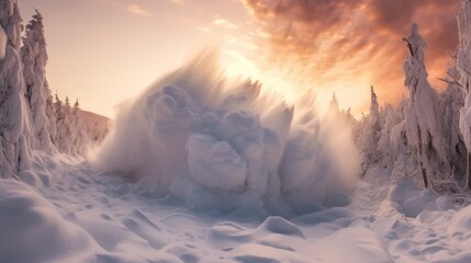 Winter nature landscape shot which captures a powerful snow avalanche. Sunset with many fluffy snow. Generative AI