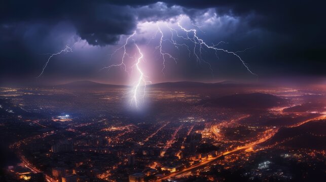 Night power thunderstorm with lightning over the city. Generative AI 1