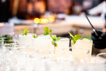 Close up of row ready to serve mojito cocktails on the bar stand. Ice, fresh mint leaves and lime in a transparent glass for event party